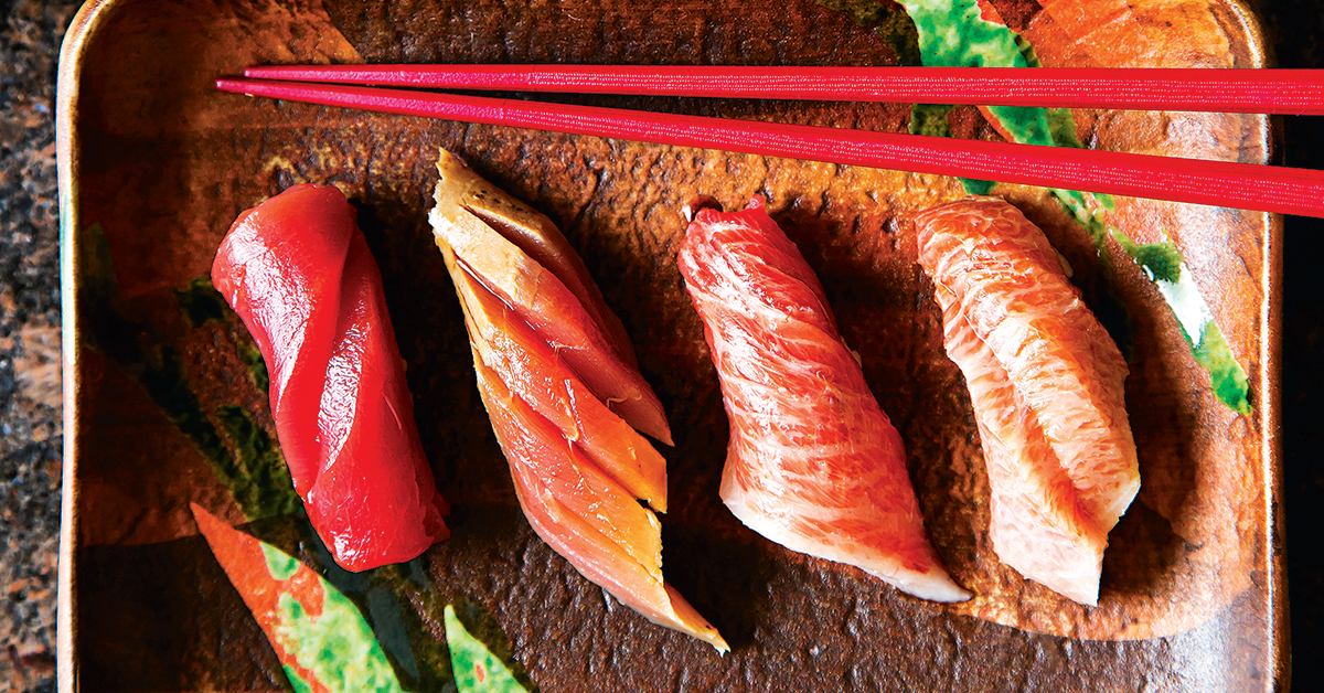 Four cuts of tuna with varying degrees of fattiness. Photograph by Scott Suchman.