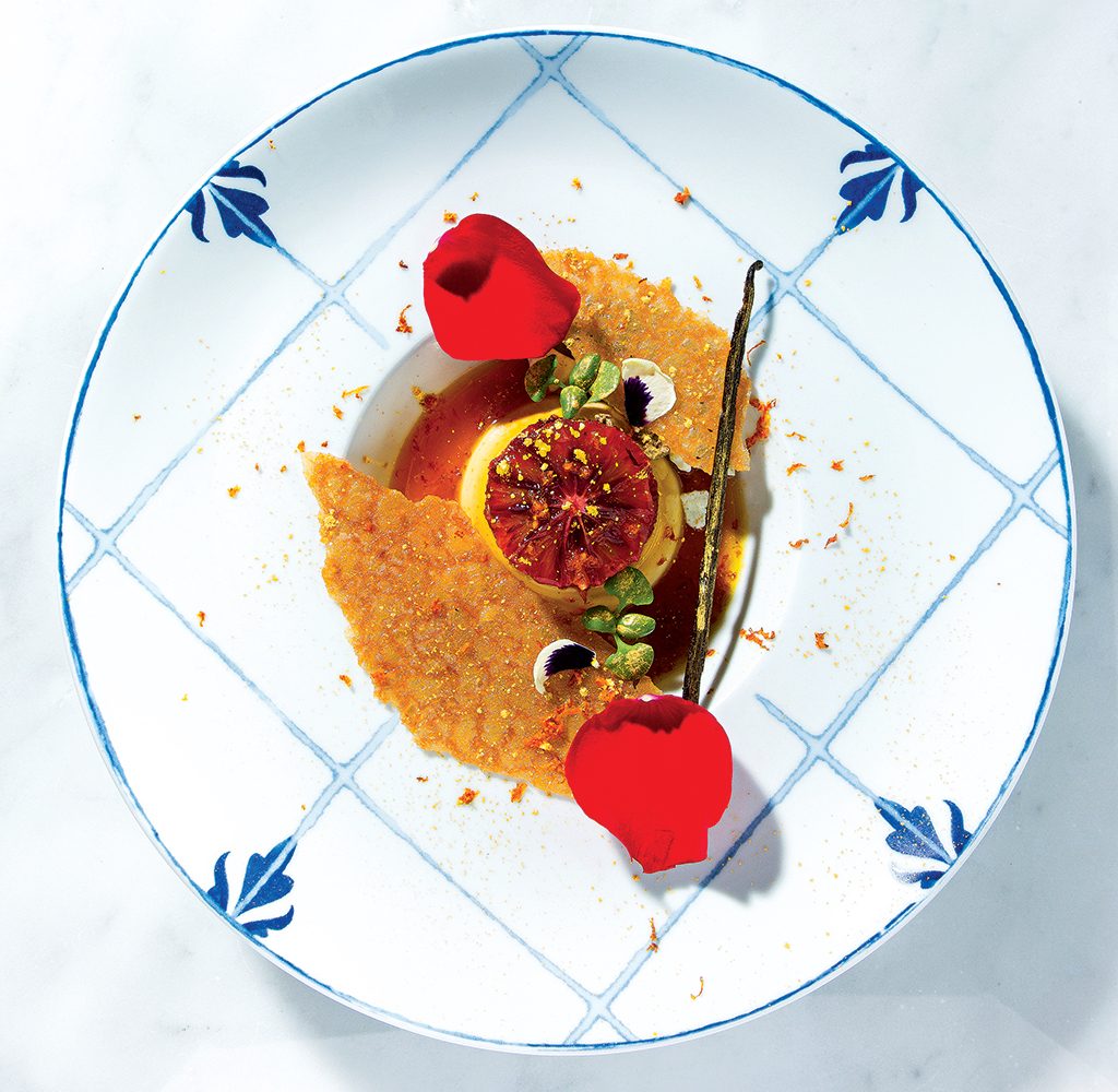 Flan with blood orange at Del Mar, a Spanish restaurant at the Wharf. Photograph by Scott Suchman.