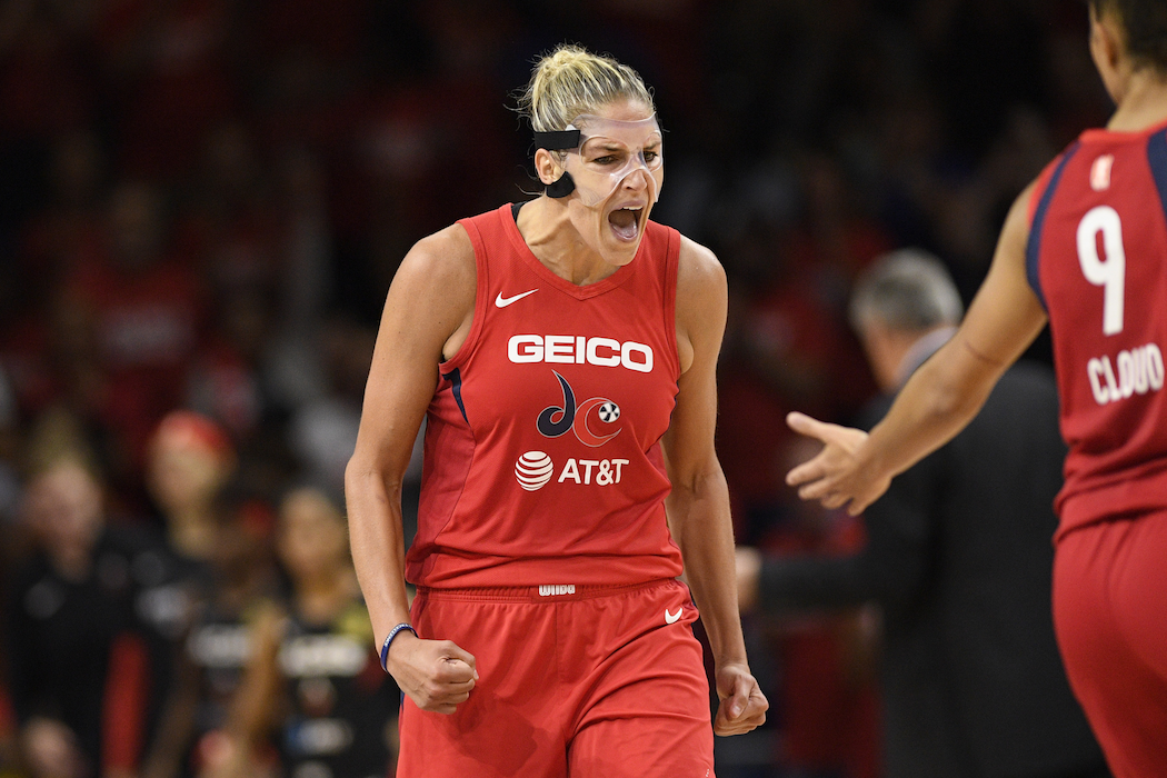 Washington Mystics forward Elena Delle Donne reacts after she made a basket against the Las Vegas Aces during the second half of Game 1 of a WNBA playoff basketball series Tuesday, September 17, 2019. The Mystics won 97-95. (AP Photo/Nick Wass)
