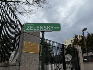 Protesters Installed a “President Zelensky Way” Sign Outside the Russian Embassy. 24 Hours Later, It’s Still There